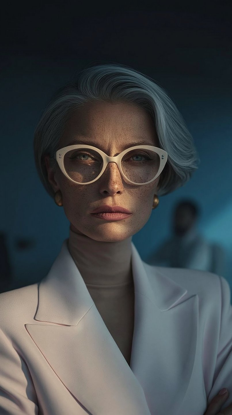 A silver-haired woman wearing cat-eye glasses and a white blazer looks directly forward with a serious expression.