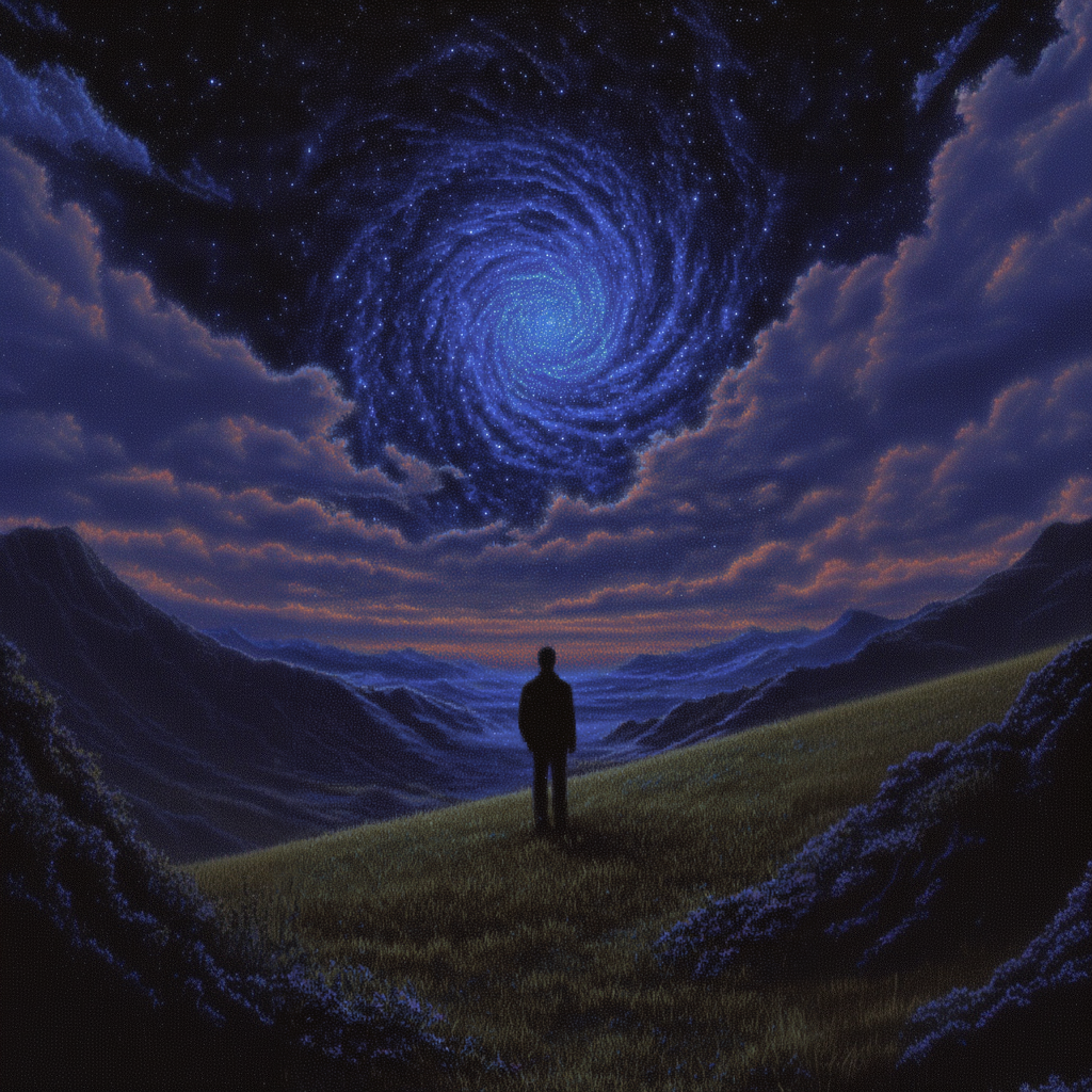 Silhouette of a man standing on a grassy hill looking up at a giant blue swirling galaxy.