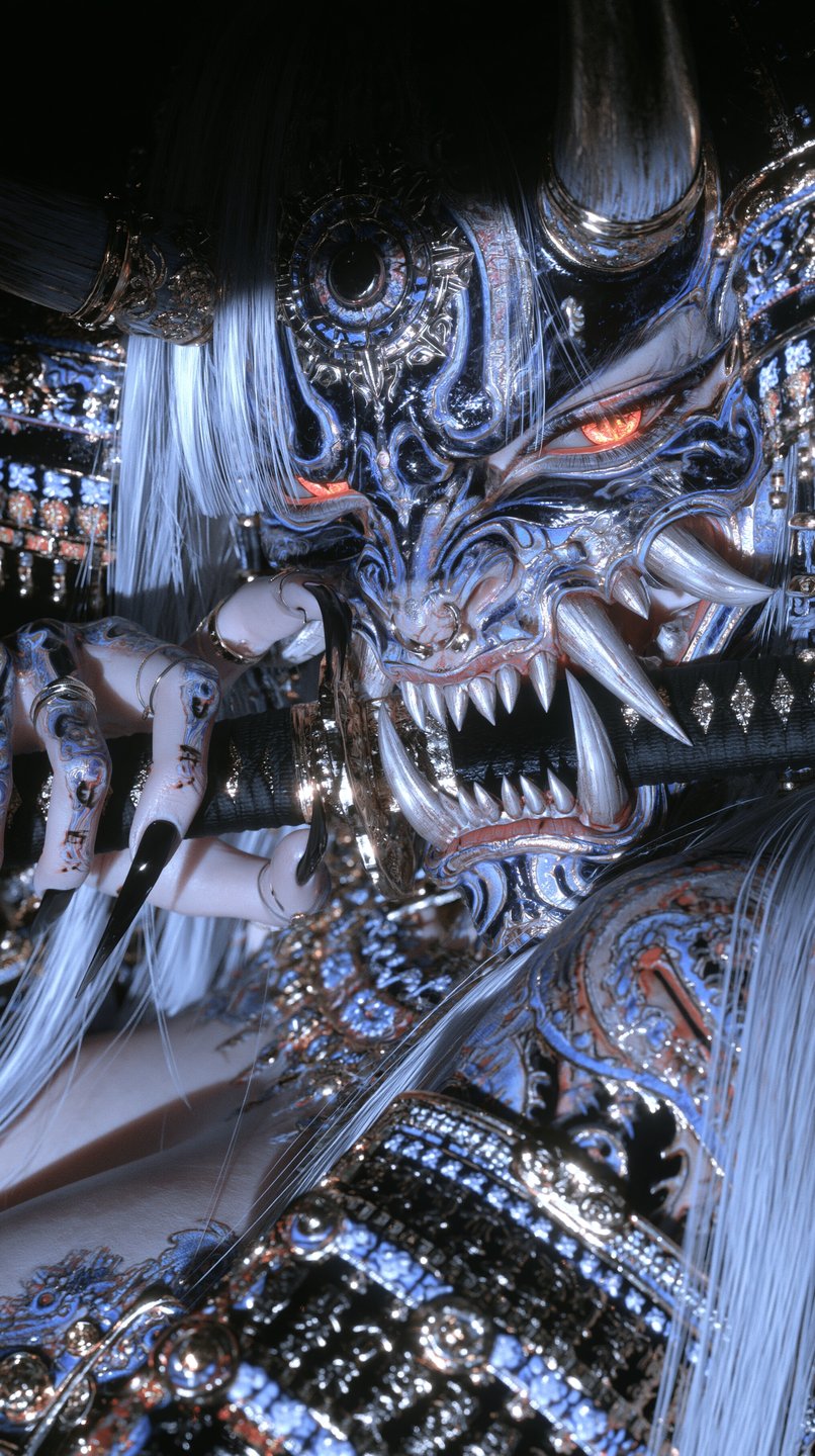 Masked female samurai with glowing red eyes holds a katana in her mouth, wearing ornate metallic armor.