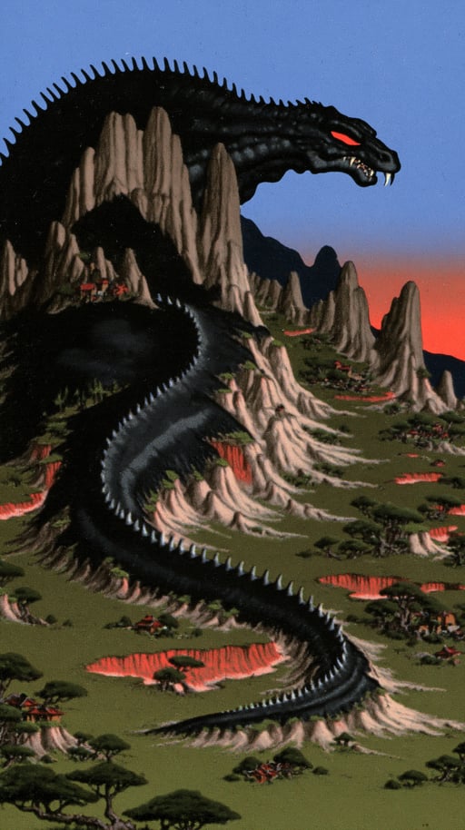 A colossal black spined serpent drapes over a mountain ridge overlooking a tiny valley village at sunset.