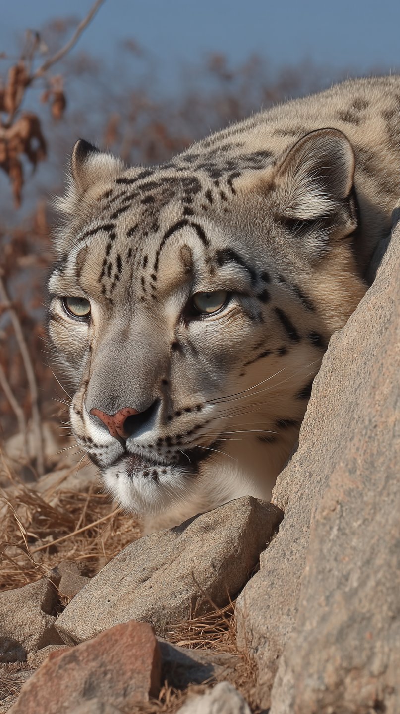 Snow leopard with thick fur and intense eyes peers over a large rock in a mountainous environment.
