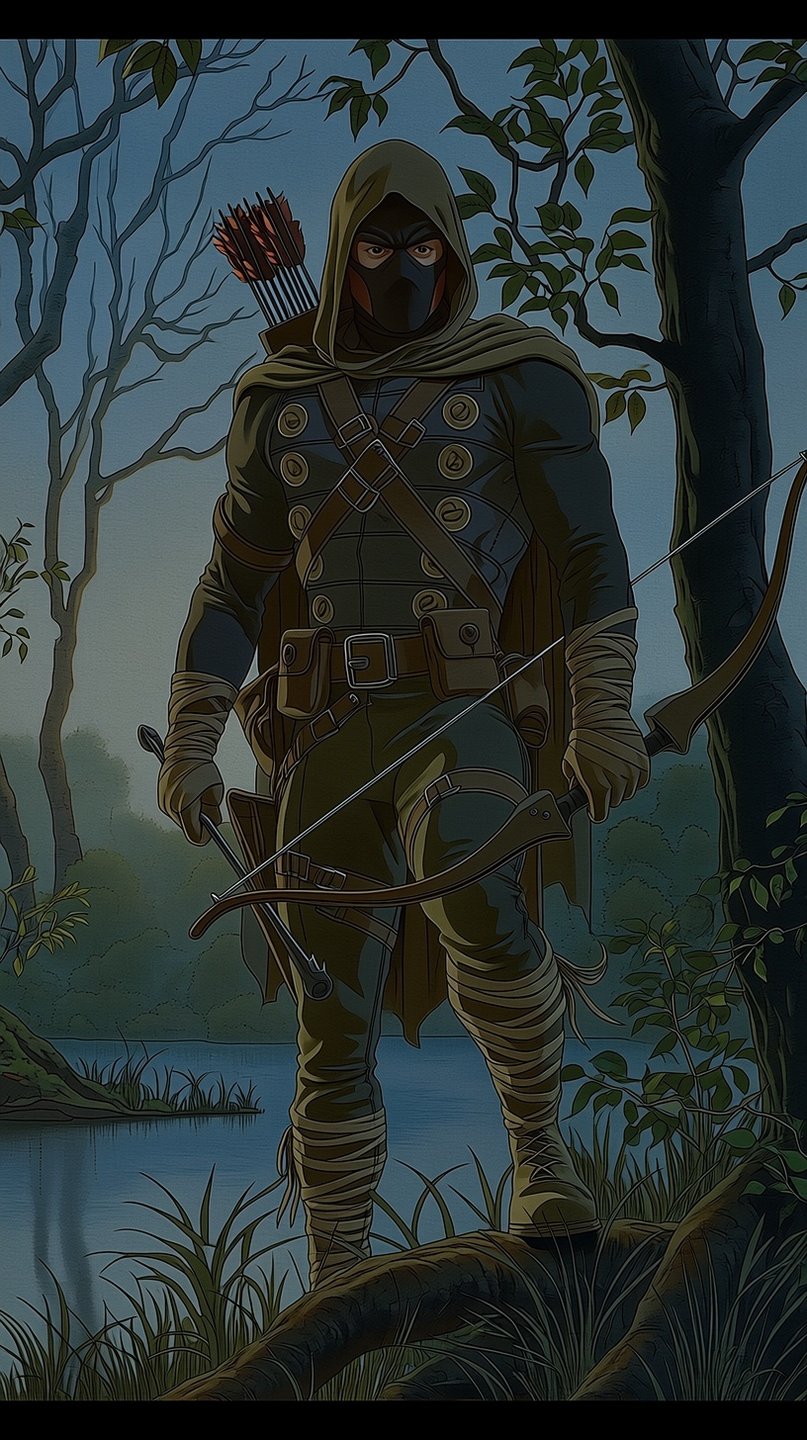 Masked archer in a hooded tactical suit stands on a tree root near a twilight river.