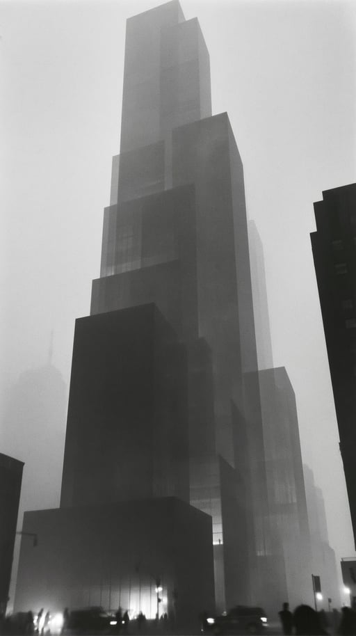 Towering stepped skyscraper shrouded in thick fog above a dimly lit street with silhouetted figures.