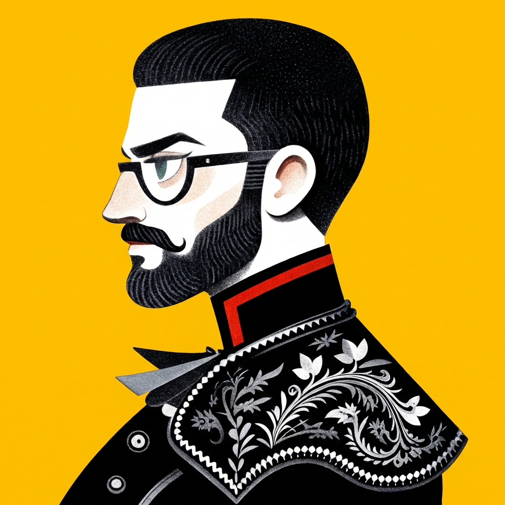 Profile illustration of a bearded man with glasses wearing an ornate black matador jacket against a yellow background.