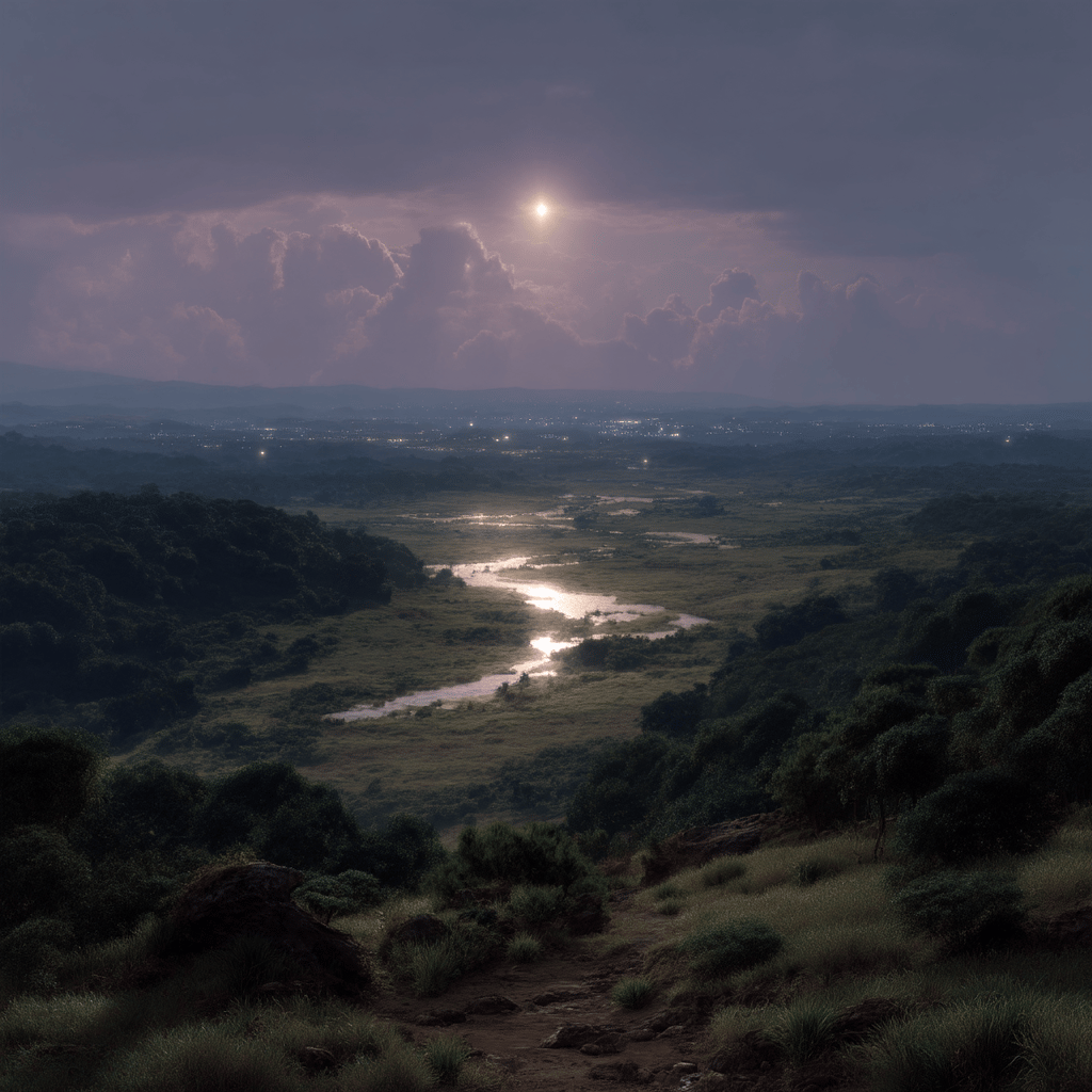 Winding river reflects a bright moon between dark hills under a purple twilight sky with city lights.