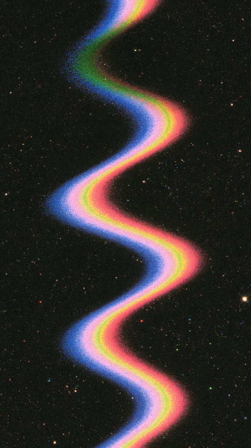 A grainy, multicolored rainbow wave undulates vertically through a dark, star-speckled cosmic space background.