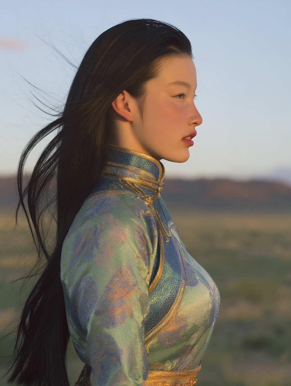 Profile of an East Asian woman in an iridescent blue and gold dress against a vast landscape.