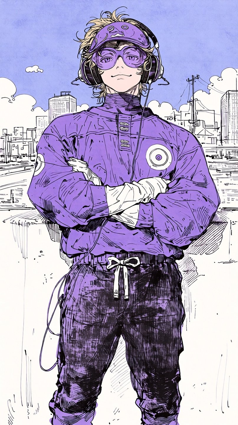 Stylized purple-clad character with headphones and goggles standing confidently with crossed arms against a sketched city backdrop.