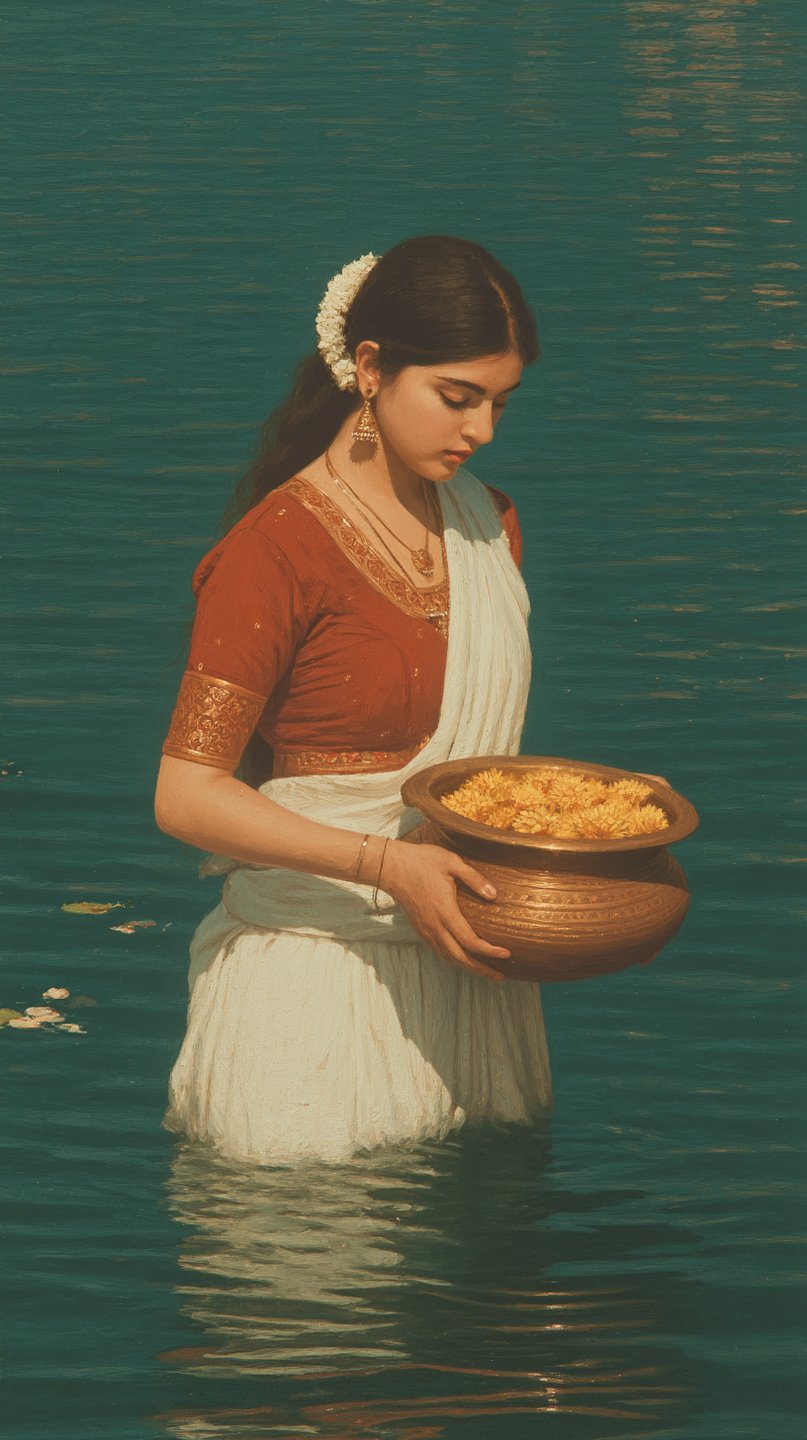 Woman in a red and white saree standing in water holding a brass bowl of yellow flowers.