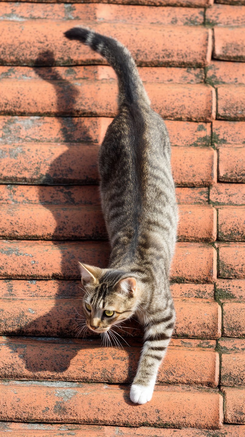 Tabby cat walking down a terracotta tiled roof with its shadow cast clearly against the warm masonry.