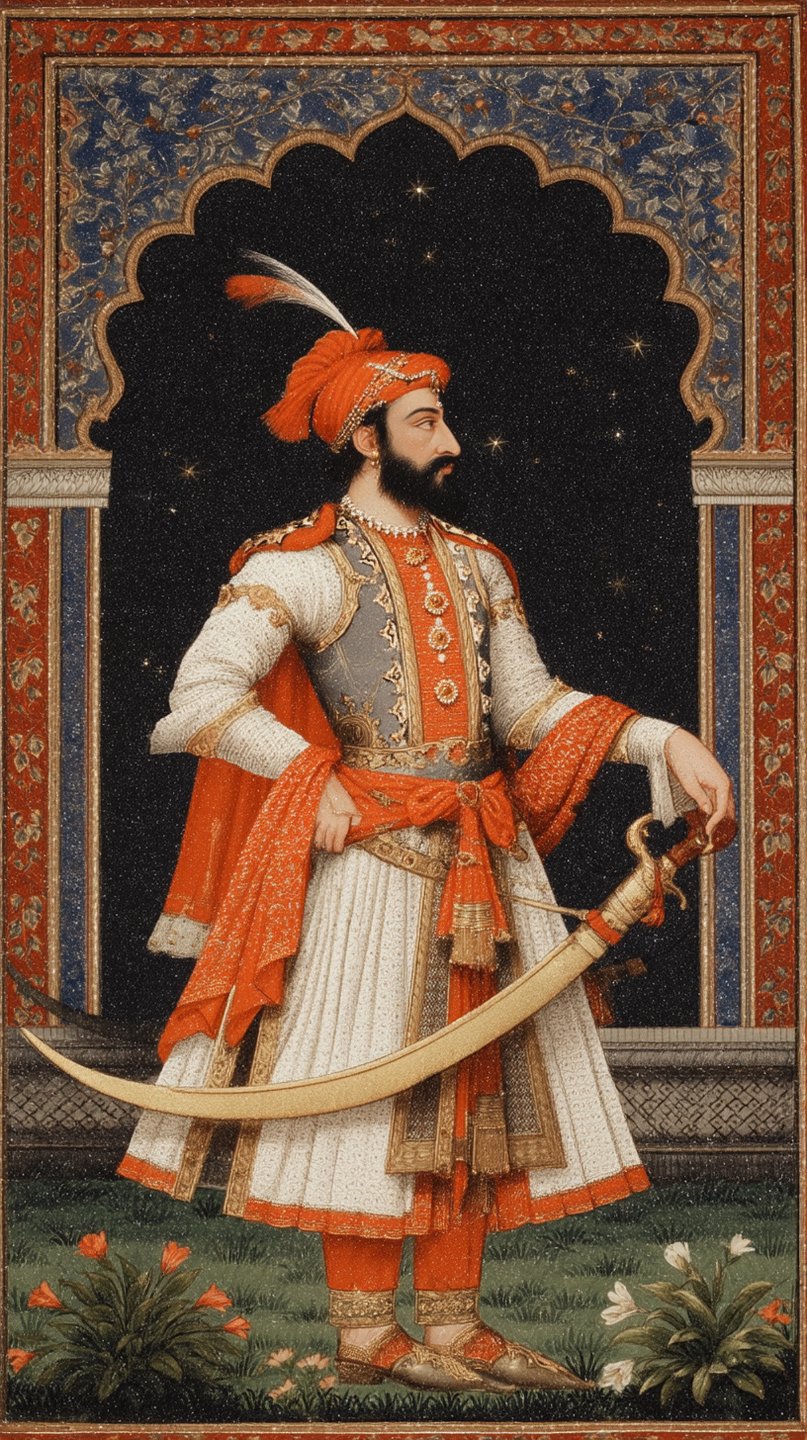 Royal Indian warrior in saffron turban and white tunic holding a curved sword within an ornate archway.