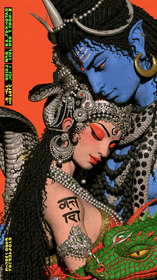 Stylized retro illustration of Hindu deities Shiva and Parvati adorned with golden crowns and sacred cobras.