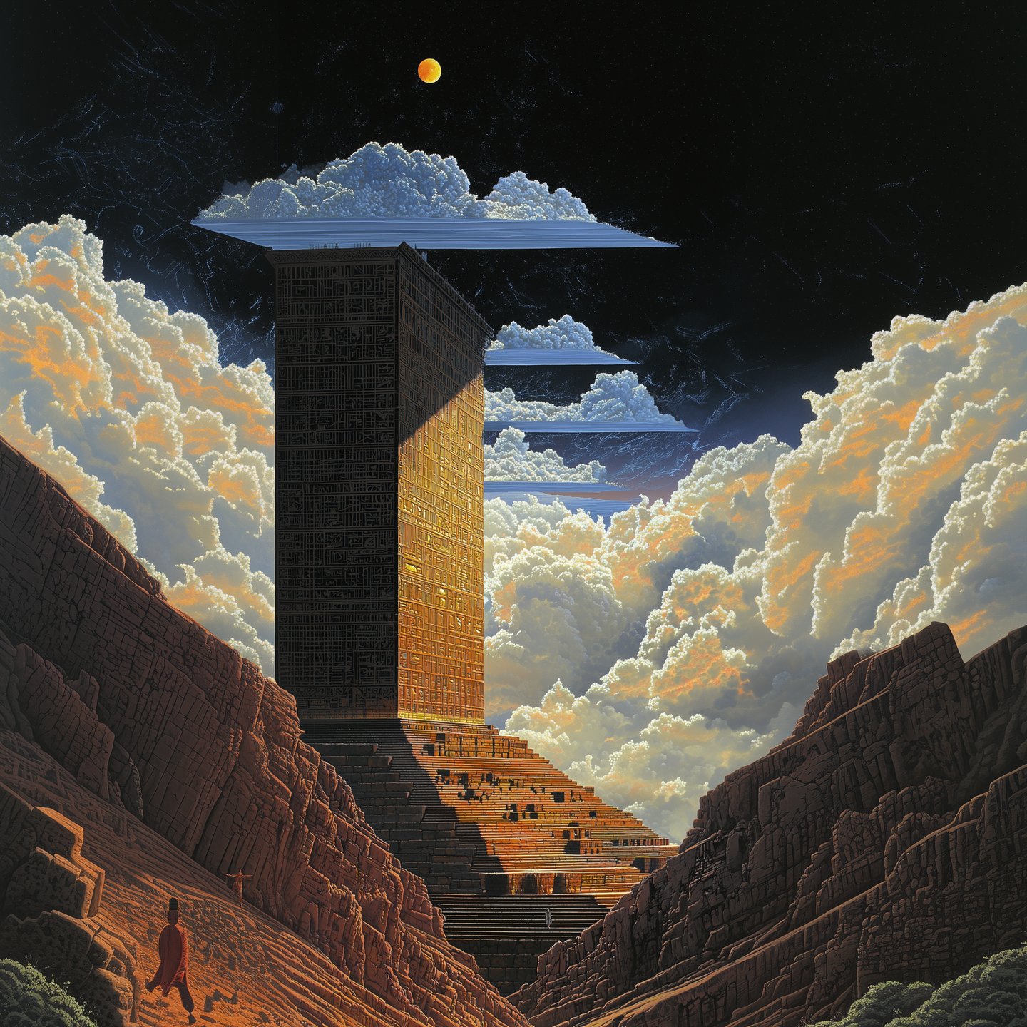 Massive inscribed monolith rises from a stepped ziggurat between rocky canyon walls under a dark celestial sky.