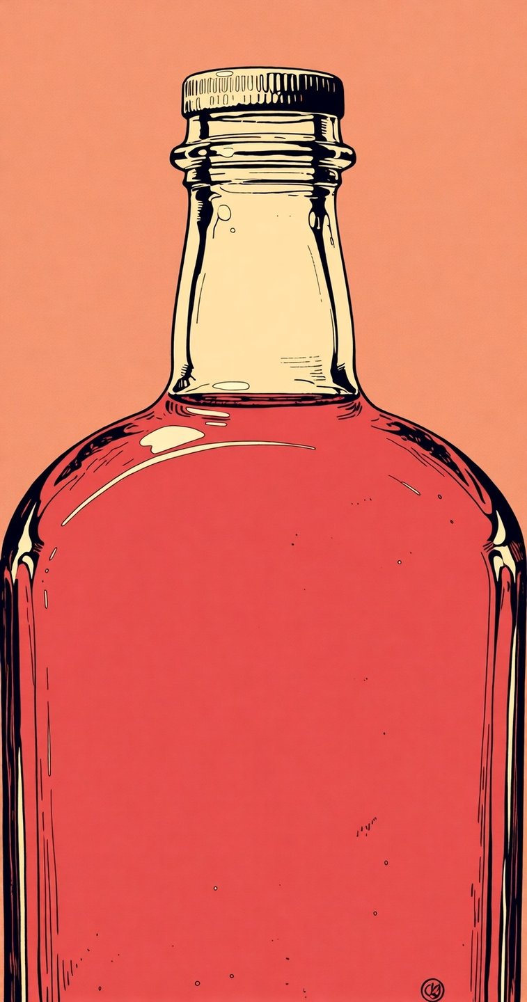 Stylized graphic illustration of a glass bottle filled with red liquid against a solid peach-colored background.