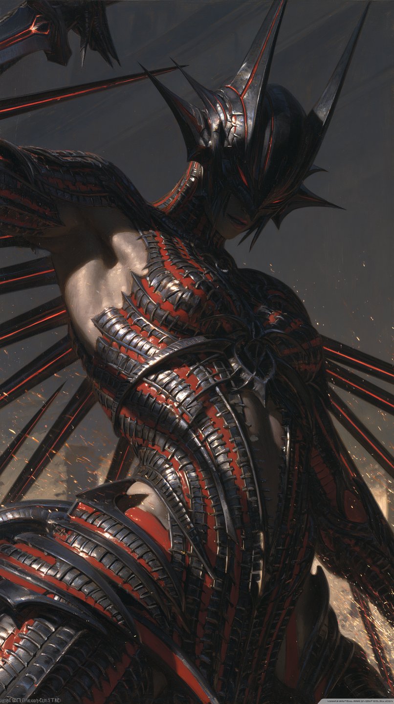 A female warrior in intricate black and red segmented armor stands poised amidst glowing embers.