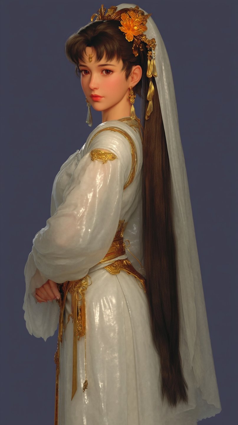 A photorealistic 3D rendering of a young woman in a white glossy robe with gold hair ornaments.