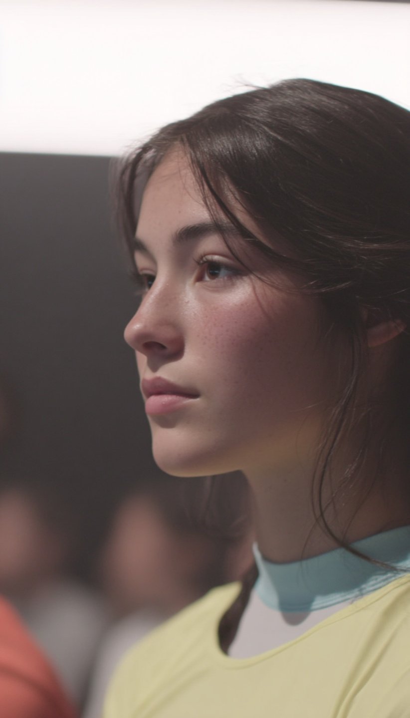 Close-up profile of a young woman with dark hair and freckles wearing a yellow and blue top.