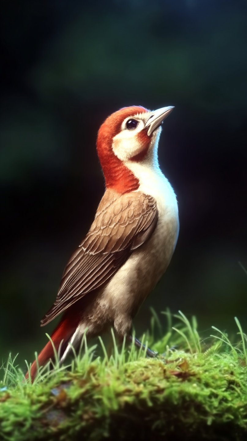 Red-headed bird with white and brown feathers looking upward while perched on a vibrant mossy log.