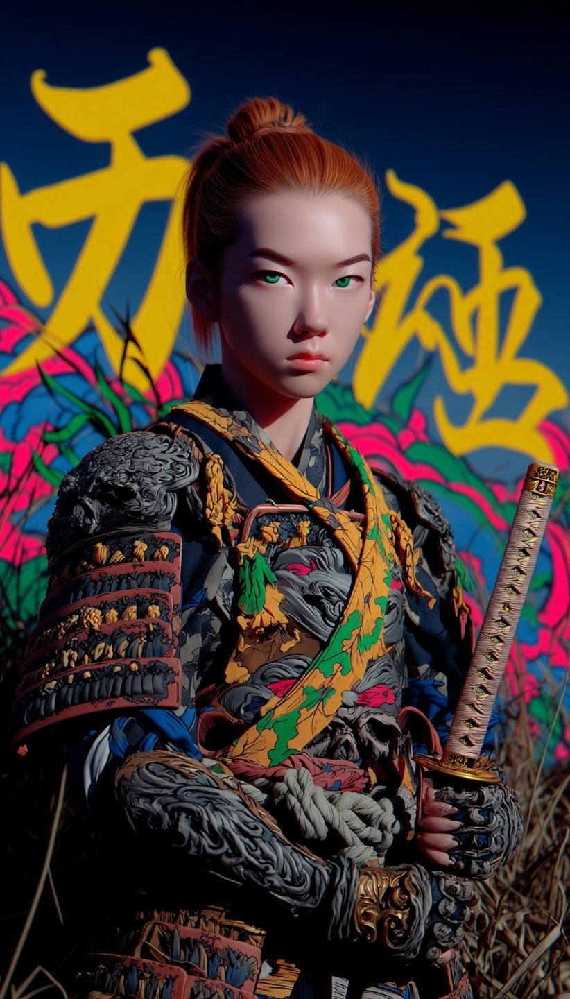 Red-haired warrior in intricate colorful samurai armor holding a katana hilt against a vibrant graffiti background.