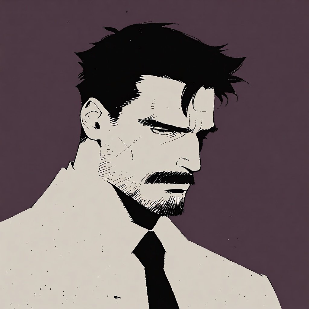 Graphic novel style portrait of a brooding man with facial hair wearing a white shirt and tie.