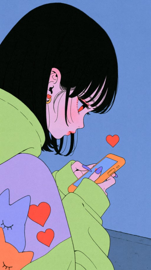 Anime girl with black hair wearing a pastel hoodie texting on an orange smartphone.