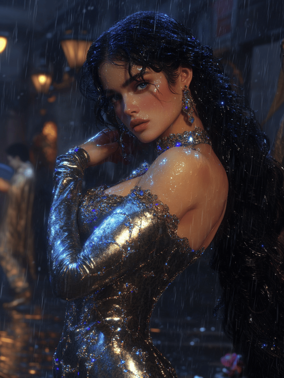 Woman in a shimmering gold gown stands in rain with wet hair and striking blue eyes at night.