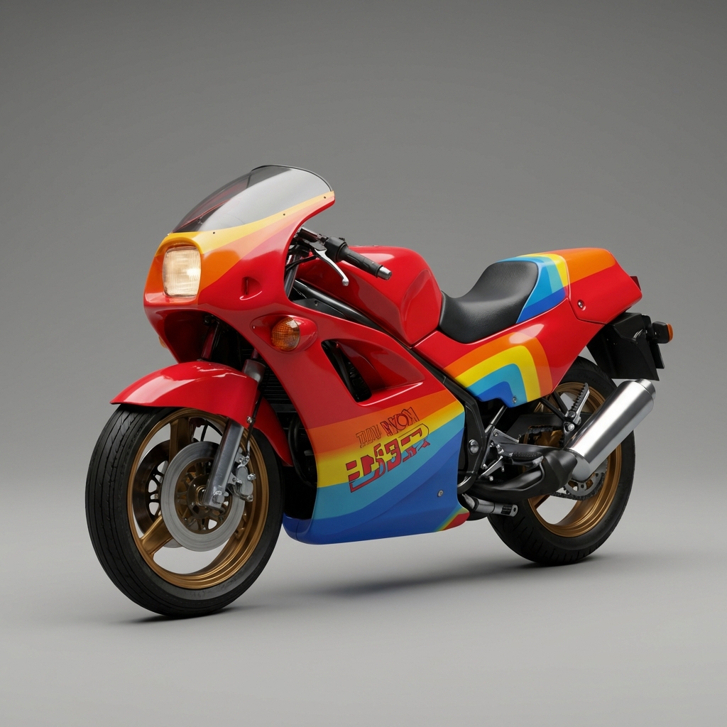 Red vintage sportbike with rainbow stripes and golden rims on a neutral gray studio background.