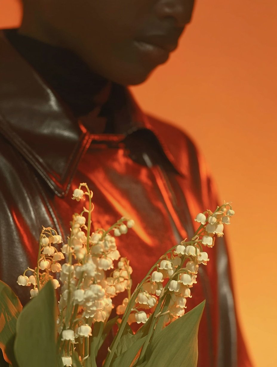 Close-up of a person in a dark leather jacket holding a bouquet of white Lily of the Valley.