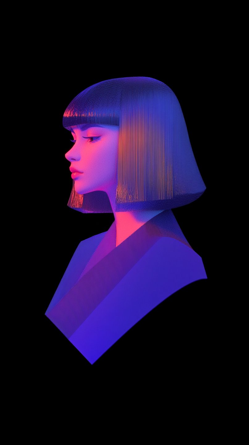 Stylized digital bust of a woman with a sharp bob, illuminated by neon pink and blue lighting.