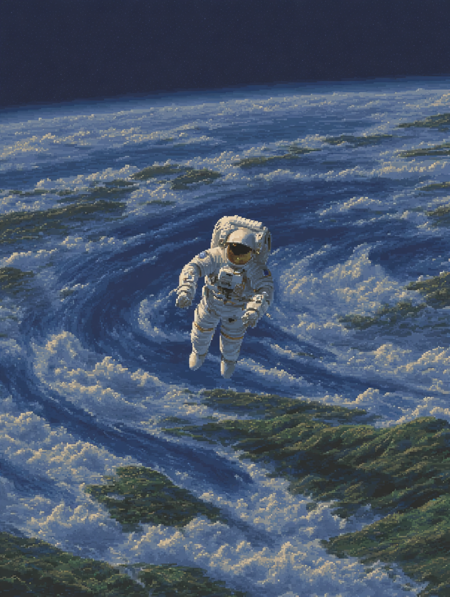 Pixel art astronaut in a white suit floats serenely above the swirling clouds and blue oceans of Earth.