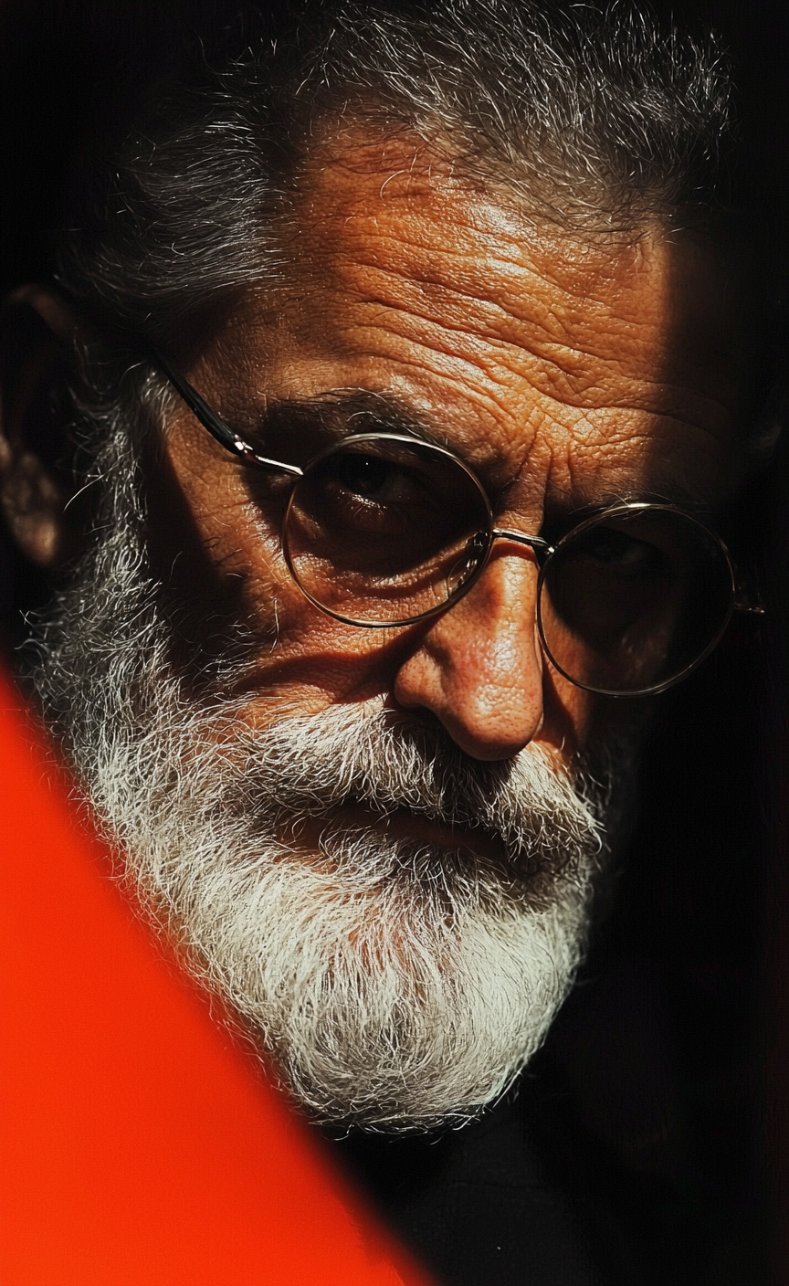 Dramatic close-up of a bearded older man with glasses, deep wrinkles, and intense lighting against shadows.