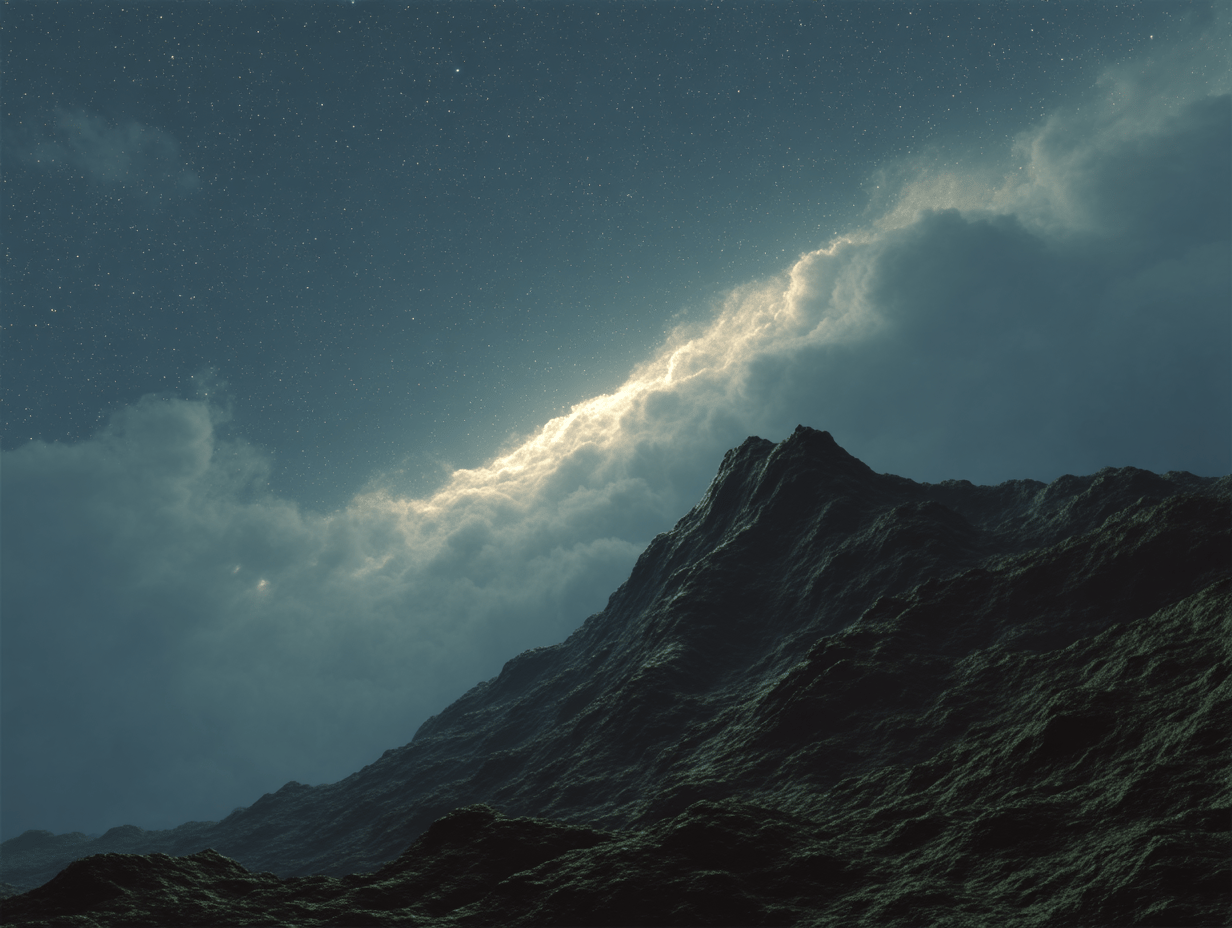 Dark jagged mountain peak silhouetted against a luminous glowing cloud bank and a starry deep teal night sky.