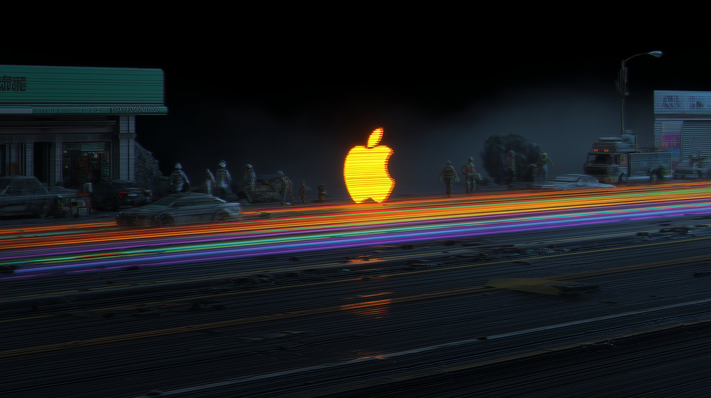 Luminous yellow Apple logo centered above vibrant rainbow light trails in a dark, pixelated urban environment.