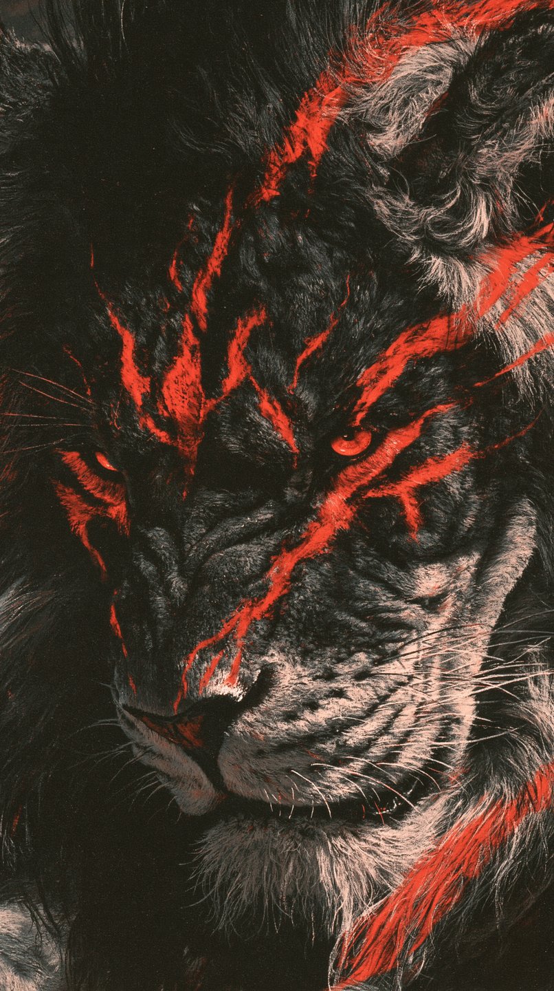 Close-up portrait of a majestic black lion with glowing red veins across its face and intense crimson eyes.