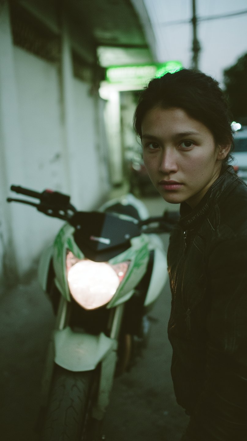 Young woman in a black leather jacket stands beside a green motorcycle in a dim urban alleyway.