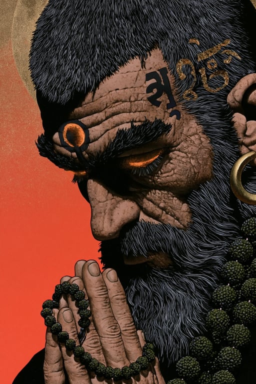A weathered ascetic monk with a glowing third eye prays with clasped hands and rudraksha beads.