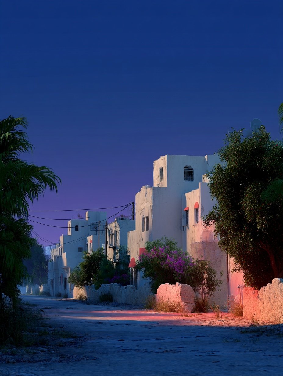 White Mediterranean buildings under a deep blue twilight sky with a vibrant magenta light illuminating the street.