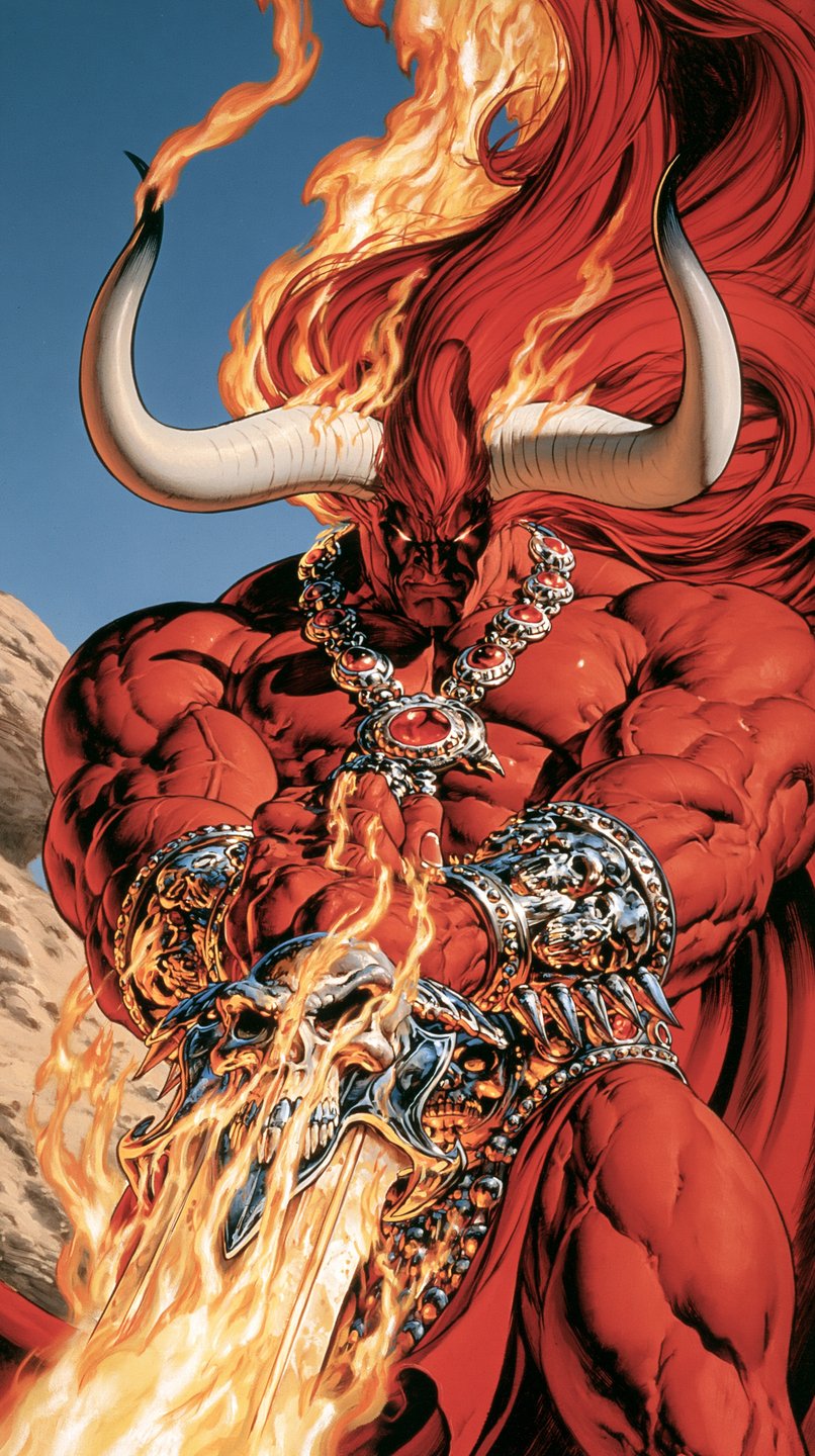 Muscular red-skinned demon with large white horns holds a flaming sword adorned with skulls.
