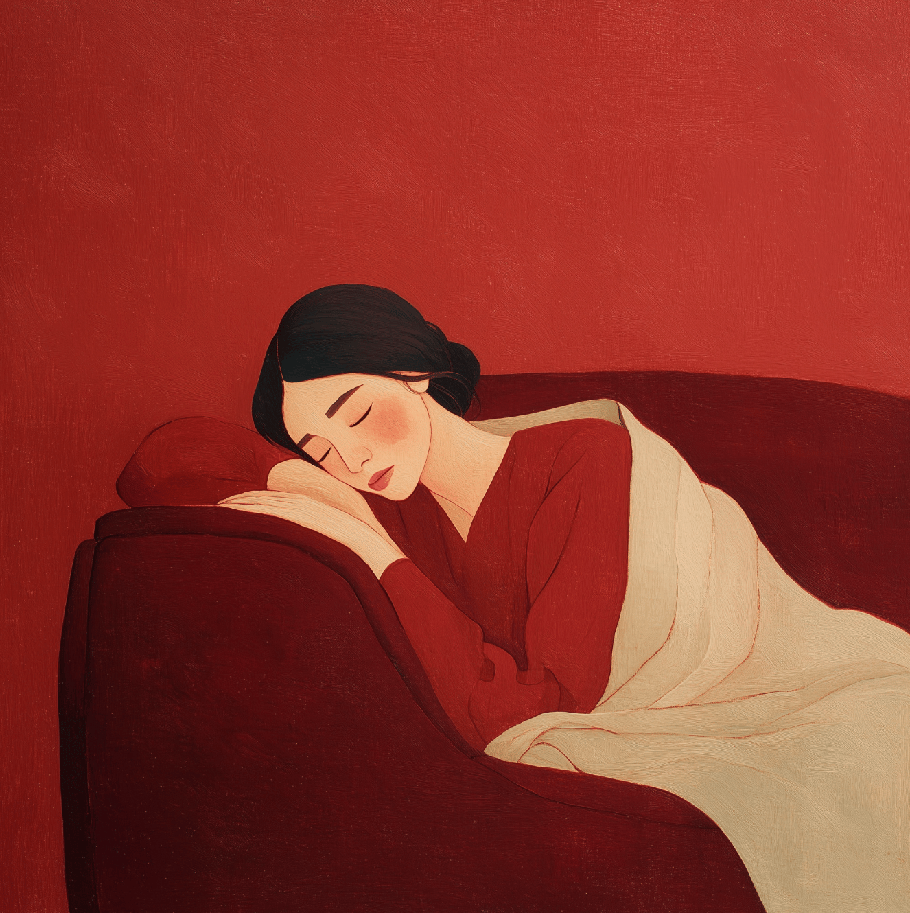 Painting of a young woman sleeping peacefully on a dark red sofa wrapped in a white blanket.