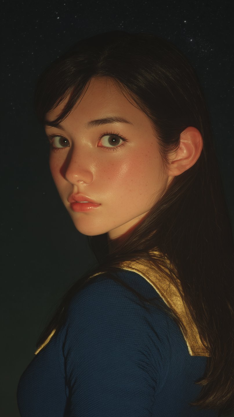 Young woman in blue uniform looking back over shoulder with detailed skin texture against dark starry void.