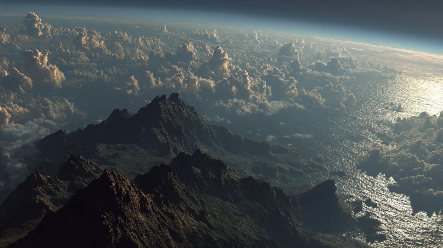 Jagged mountain peaks overlook a shimmering ocean under a vast sky filled with towering white cumulus clouds.