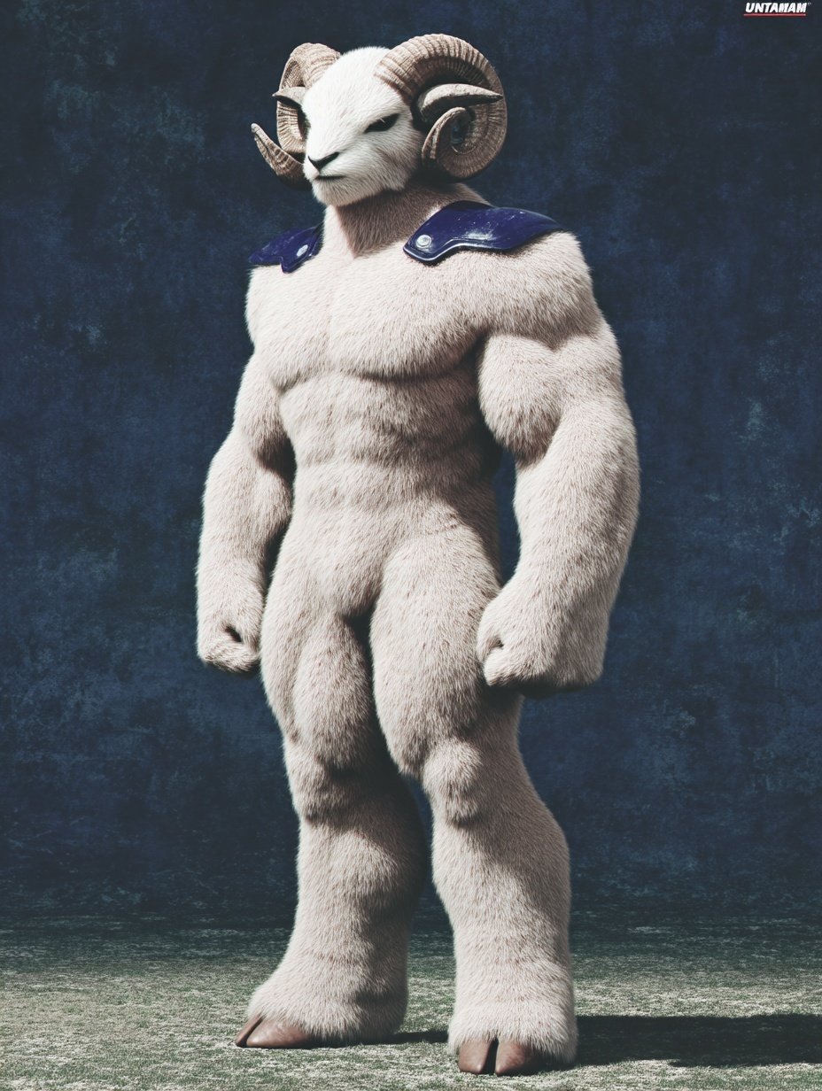Muscular anthropomorphic ram standing upright, covered in thick white fur, wearing dark blue shoulder armor.