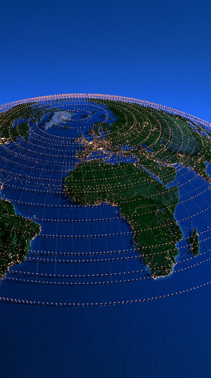 Stylized 3D render of planet Earth with concentric rings of glowing orange data nodes on blue background.