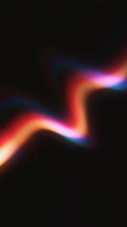 A vibrant, glowing neon light wave with chromatic aberration flows diagonally across a dark, grainy background.
