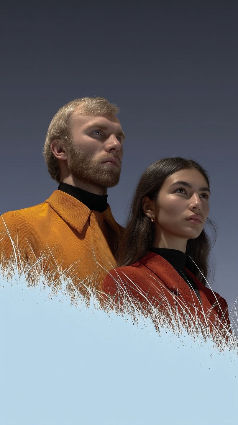 Two models in textured jackets look upward against a blue sky with a graphic grass foreground.