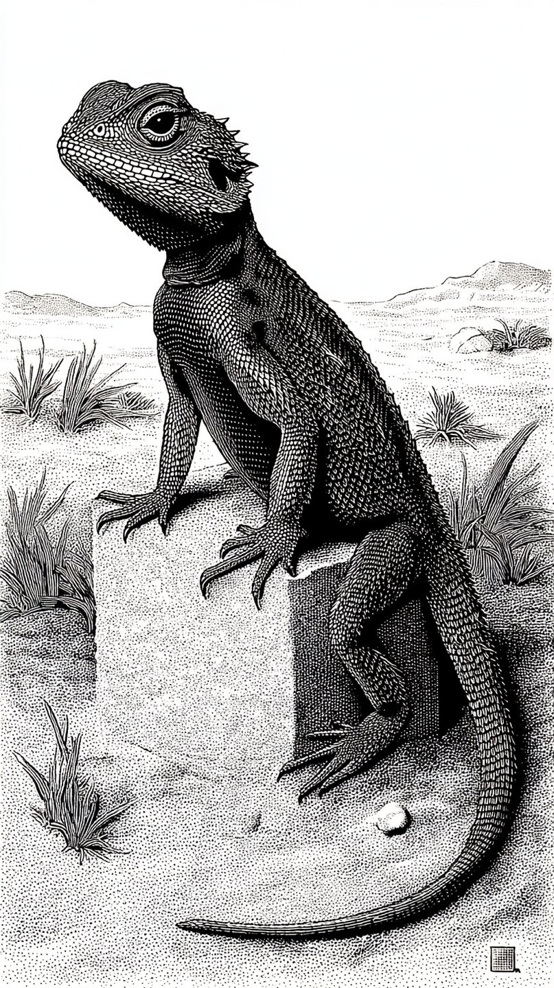 A detailed black and white stippled illustration of a bearded dragon perched atop a stone in the desert.