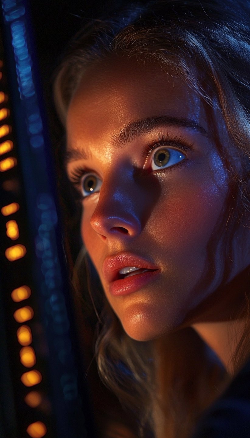 Close-up of a woman's face illuminated by orange and blue light, reflecting wonder and intense focus.