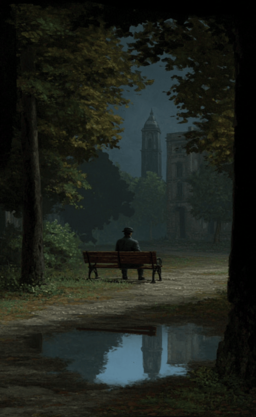 Man in a hat sits on a bench in a dark park, overlooking a detailed puddle reflection.
