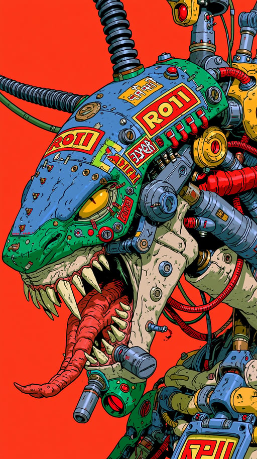 A biomechanical reptilian monster with a roaring mouth, sharp teeth, and intricate cybernetic armor against a red background.