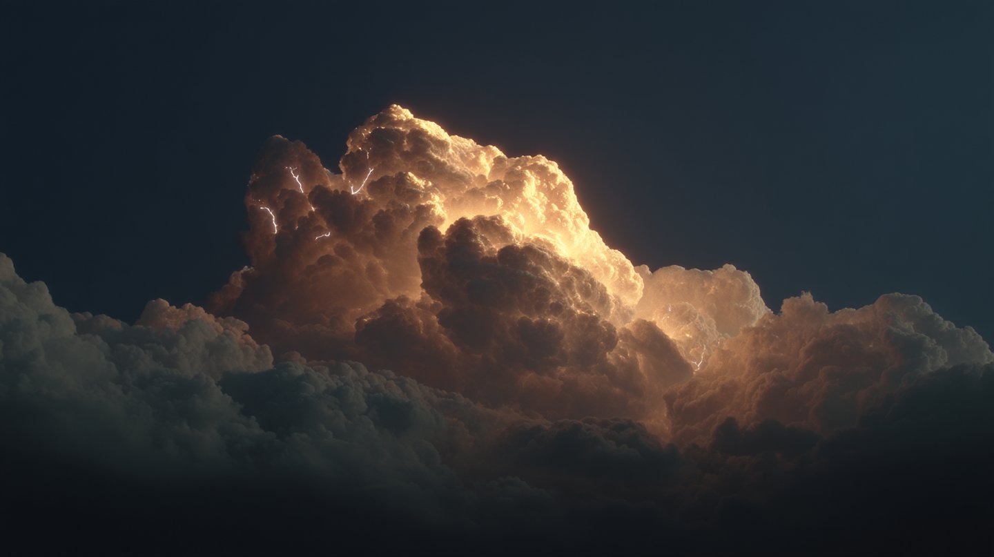 Massive golden thunderhead cloud glowing from internal lightning strikes against a dark blue nocturnal sky.